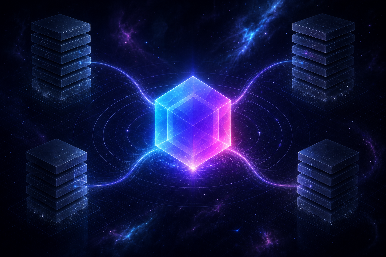 A glowing hexagonal Soli core radiating brand-color light, surrounded by tall stacked tower-blocks representing the layered complexity of bigger frameworks.